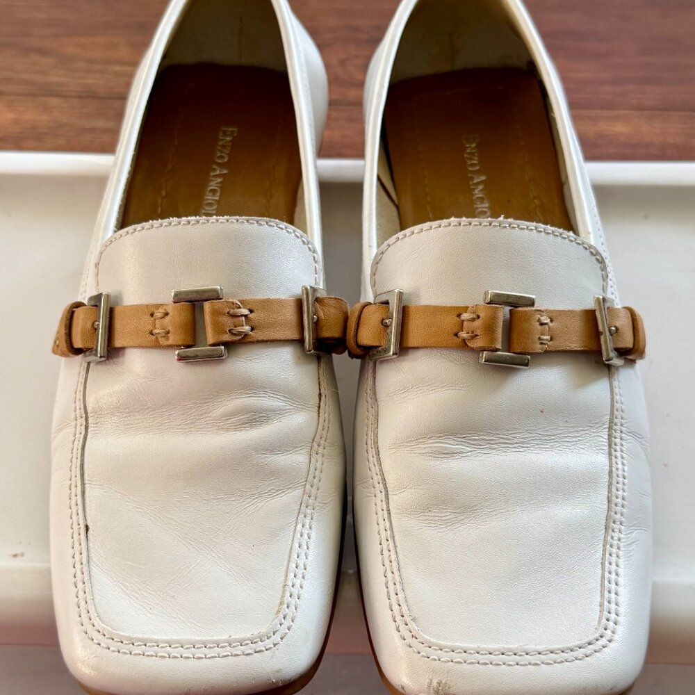 Enzo Angiolini White Leather Loafers Buckle Strap Square Toe Size 6.5